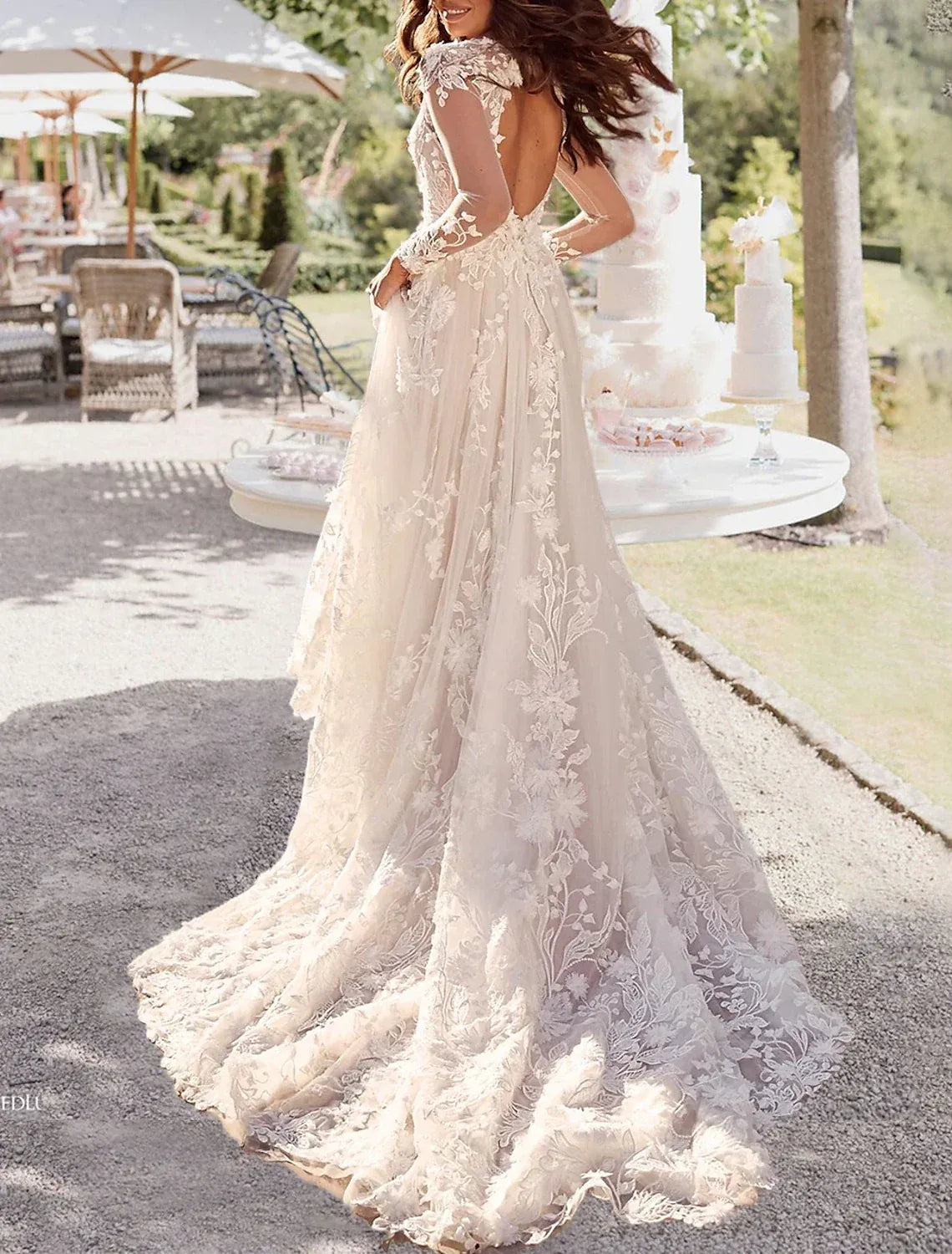 Boho A-Line Long Sleeve V-Neck 3D Floral Lace Low Back Chapel Train Wedding Dress