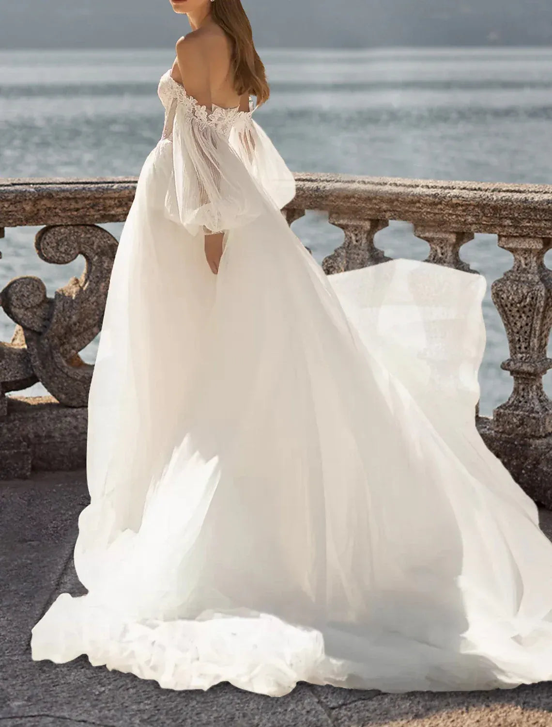 Boho A-Line Off-Shoulder Puff Sleeve Floral Lace High Slit Chiffon Wedding Dress