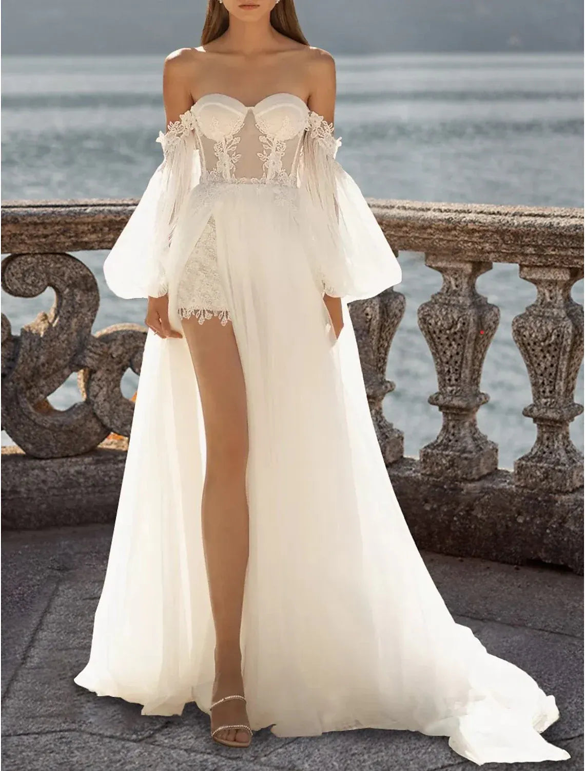 Boho A-Line Off-Shoulder Puff Sleeve Floral Lace High Slit Chiffon Wedding Dress