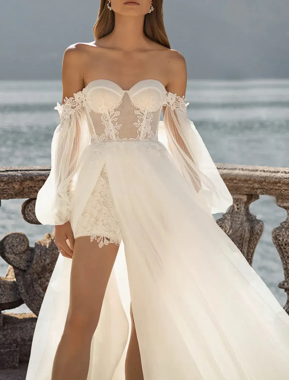 Boho A-Line Off-Shoulder Puff Sleeve Floral Lace High Slit Chiffon Wedding Dress