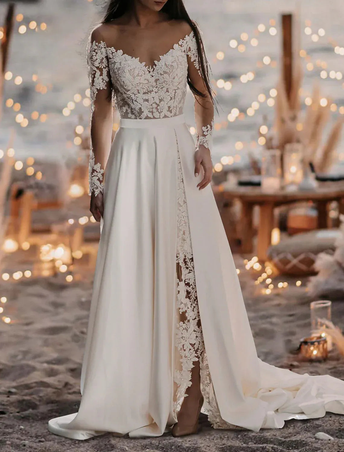 Boho A-Line Off-The-Shoulder Long Sleeve 3D Floral Lace High Slit Satin Wedding Dress
