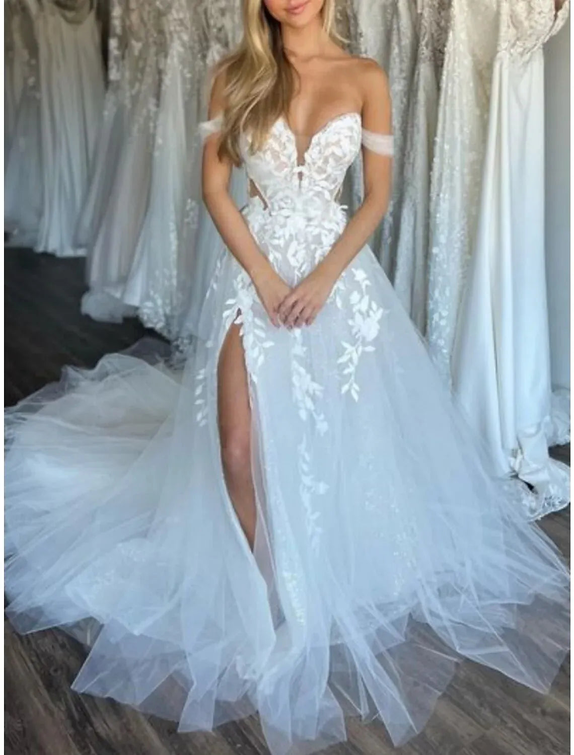 Boho A-Line Off-The-Shoulder Sweetheart 3D Floral Lace High Slit Tulle Wedding Dress