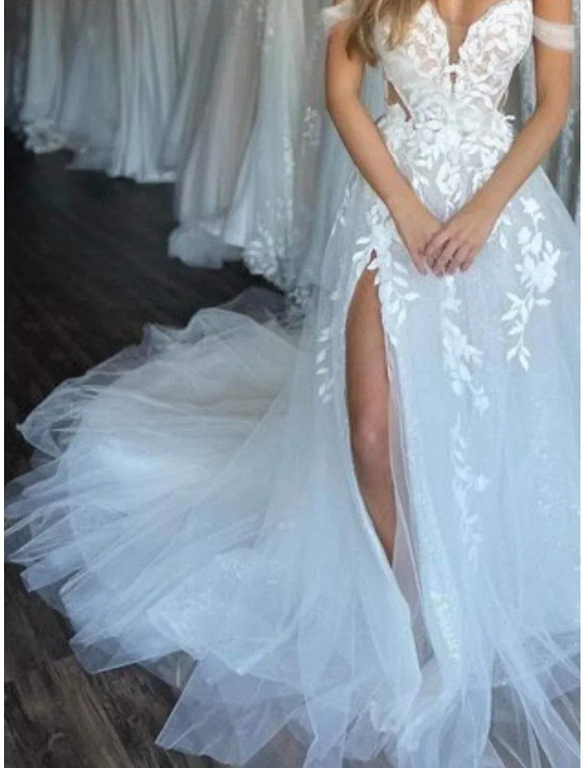 Boho A-Line Off-The-Shoulder Sweetheart 3D Floral Lace High Slit Tulle Wedding Dress