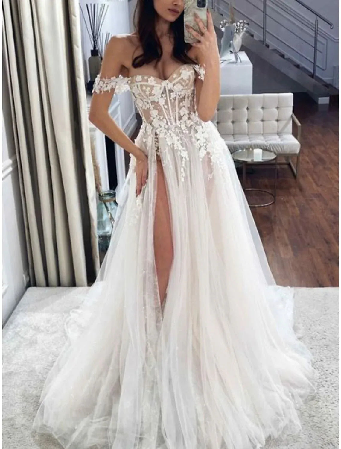 Boho A-Line Off-The-Shoulder Sweetheart Corset 3D Floral High Slit Tulle Wedding Dress