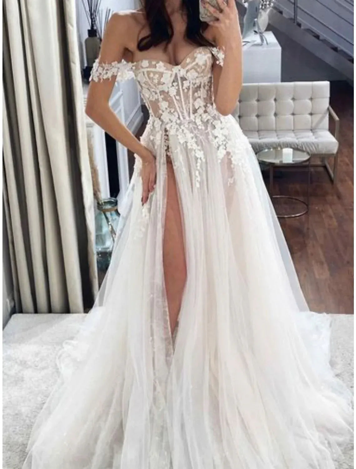 Boho A-Line Off-The-Shoulder Sweetheart Corset 3D Floral High Slit Tulle Wedding Dress