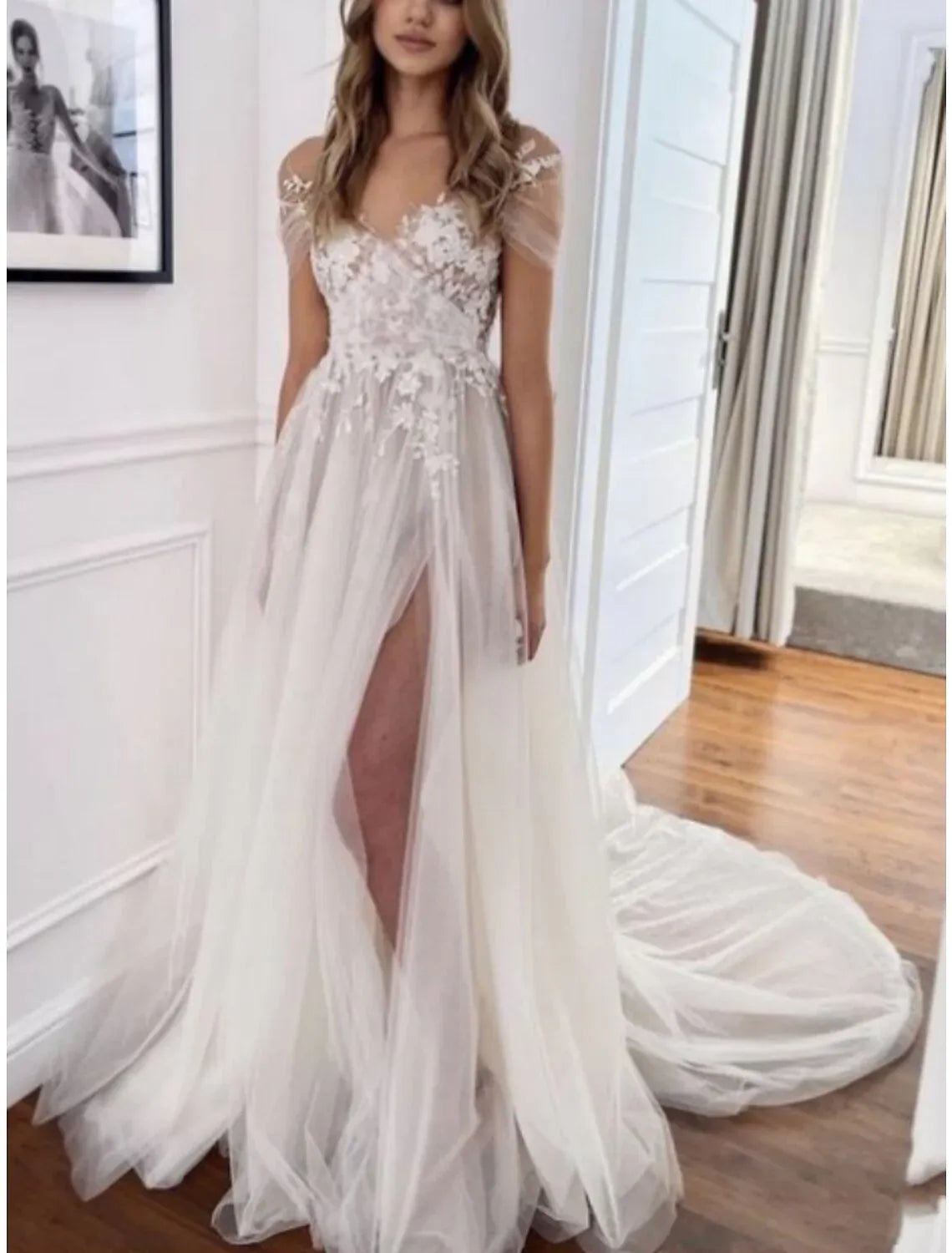Boho A-Line Off-The-Shoulder Tulle Cap Sleeve 3D Floral Lace High Slit Chapel Train Wedding Dress