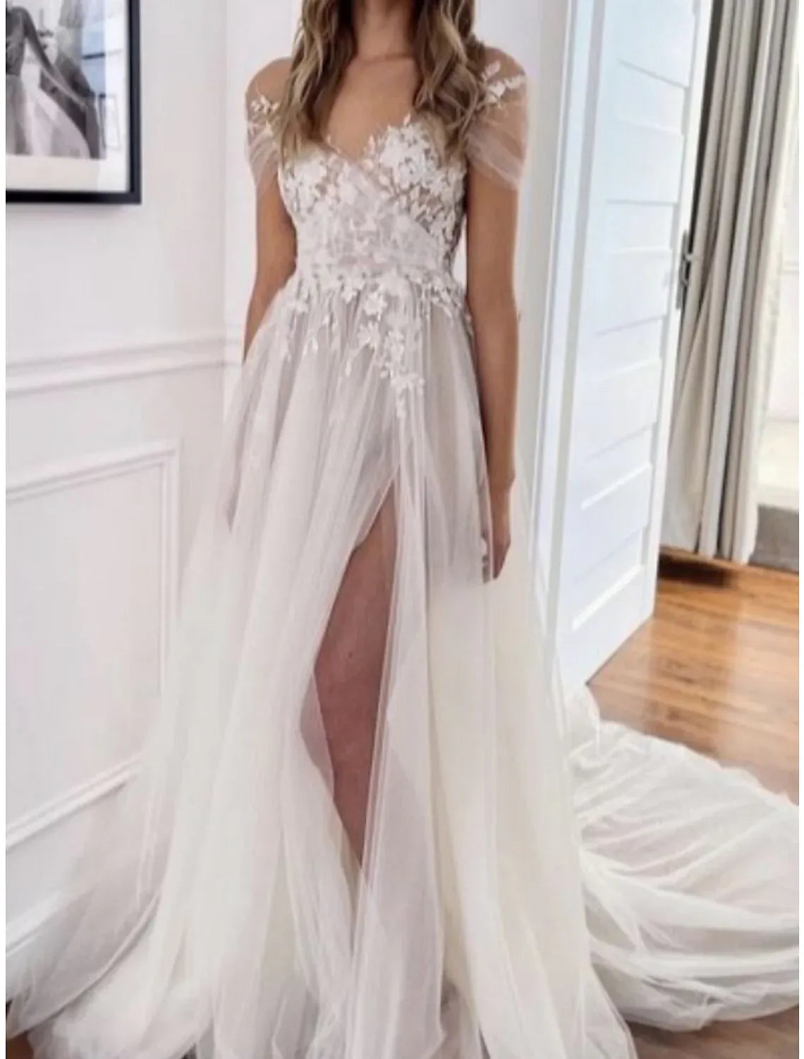 Boho A-Line Off-The-Shoulder Tulle Cap Sleeve 3D Floral Lace High Slit Chapel Train Wedding Dress