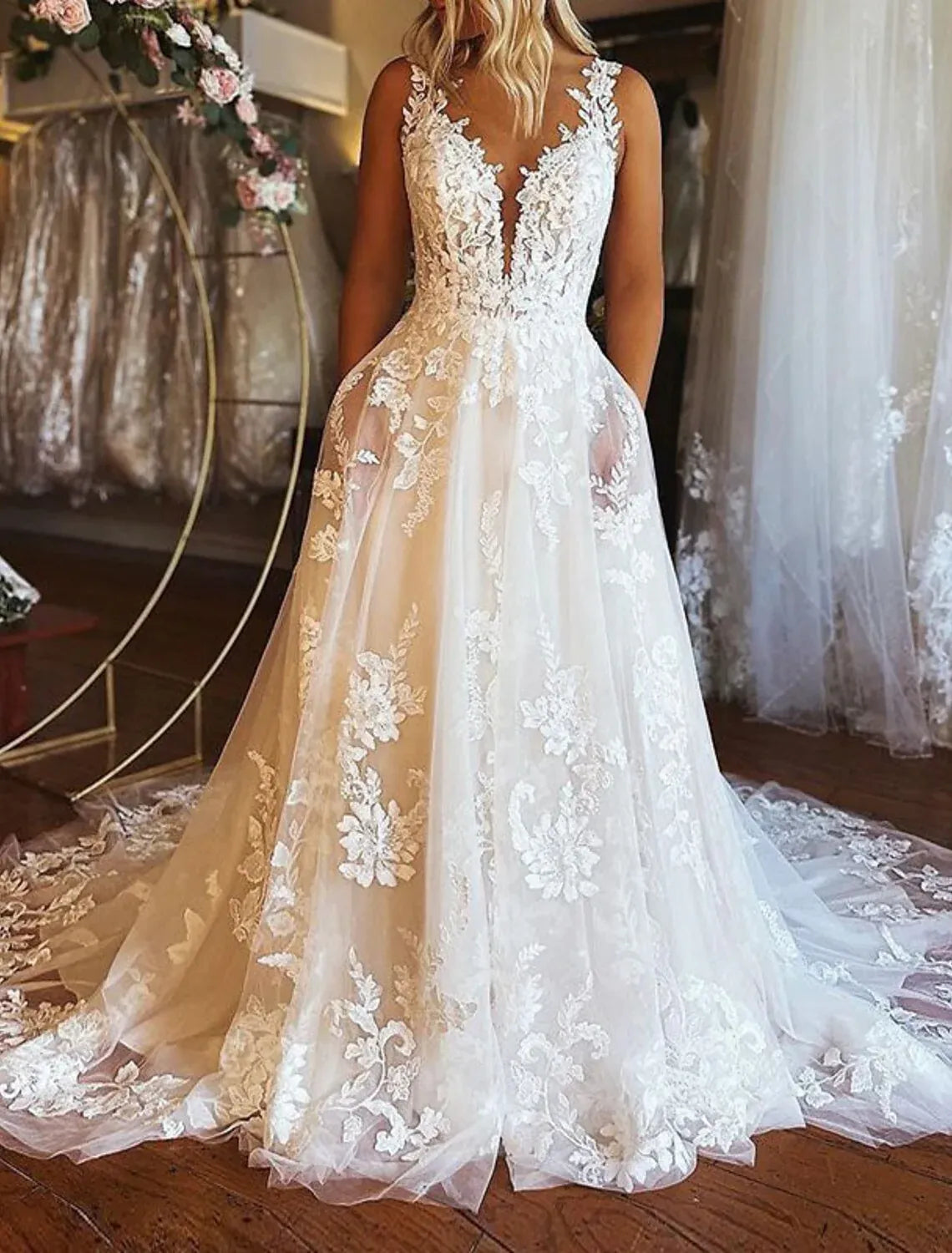 Boho A-Line Spaghetti Strap Deep V Floral Lace Pockets Low Back Tulle Chapel Train Wedding Dress