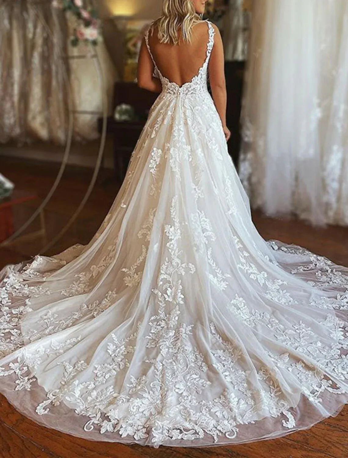 Boho A-Line Spaghetti Strap Deep V Floral Lace Pockets Low Back Tulle Chapel Train Wedding Dress