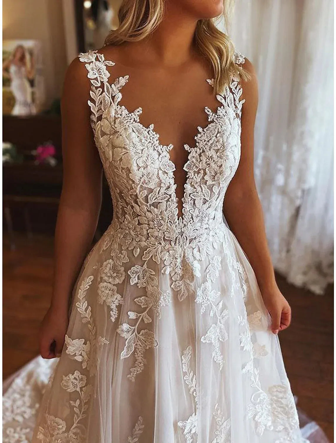 Boho A-Line Spaghetti Strap Deep V Floral Lace Pockets Low Back Tulle Chapel Train Wedding Dress