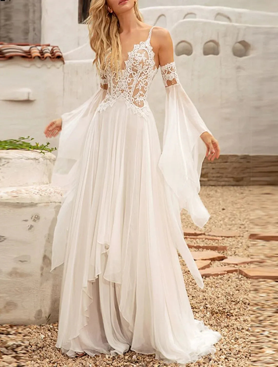Boho A-Line Spaghetti Strap Off-The-Shoulder Bell Sleeve Floral Lace Chiffon Wedding Dress