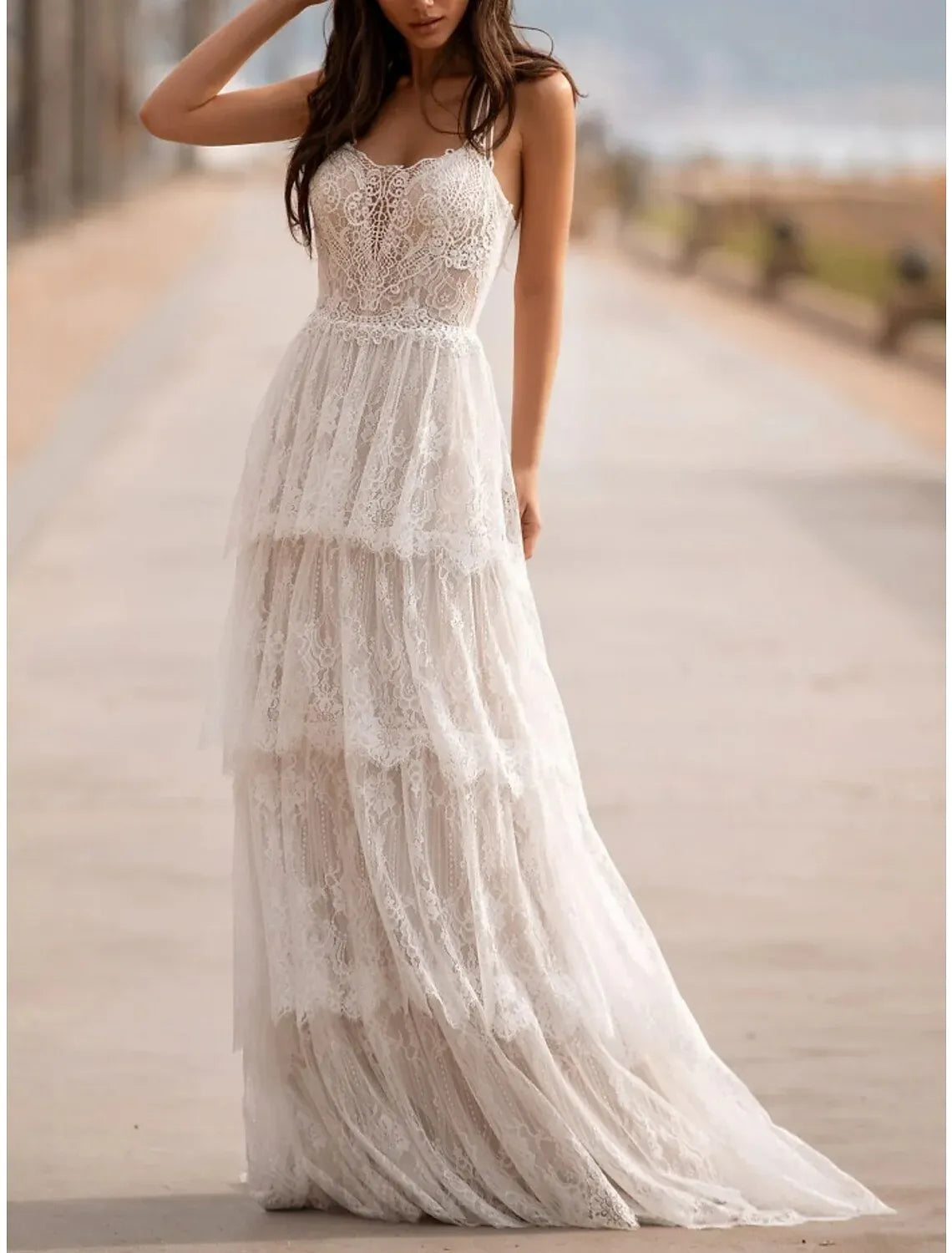 Boho A-Line Spaghetti Strap Scallop V-Neck Tiered Ruffle Floral Lace Sweep Train Wedding Dress