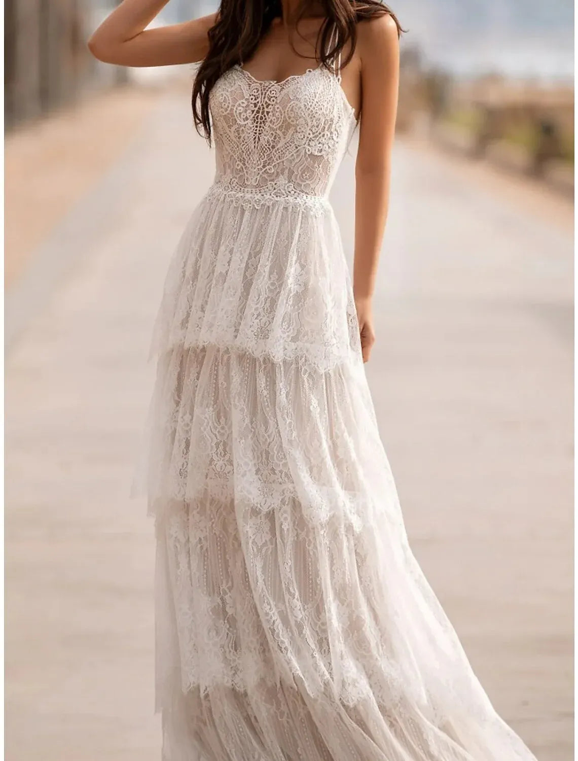 Boho A-Line Spaghetti Strap Scallop V-Neck Tiered Ruffle Floral Lace Sweep Train Wedding Dress