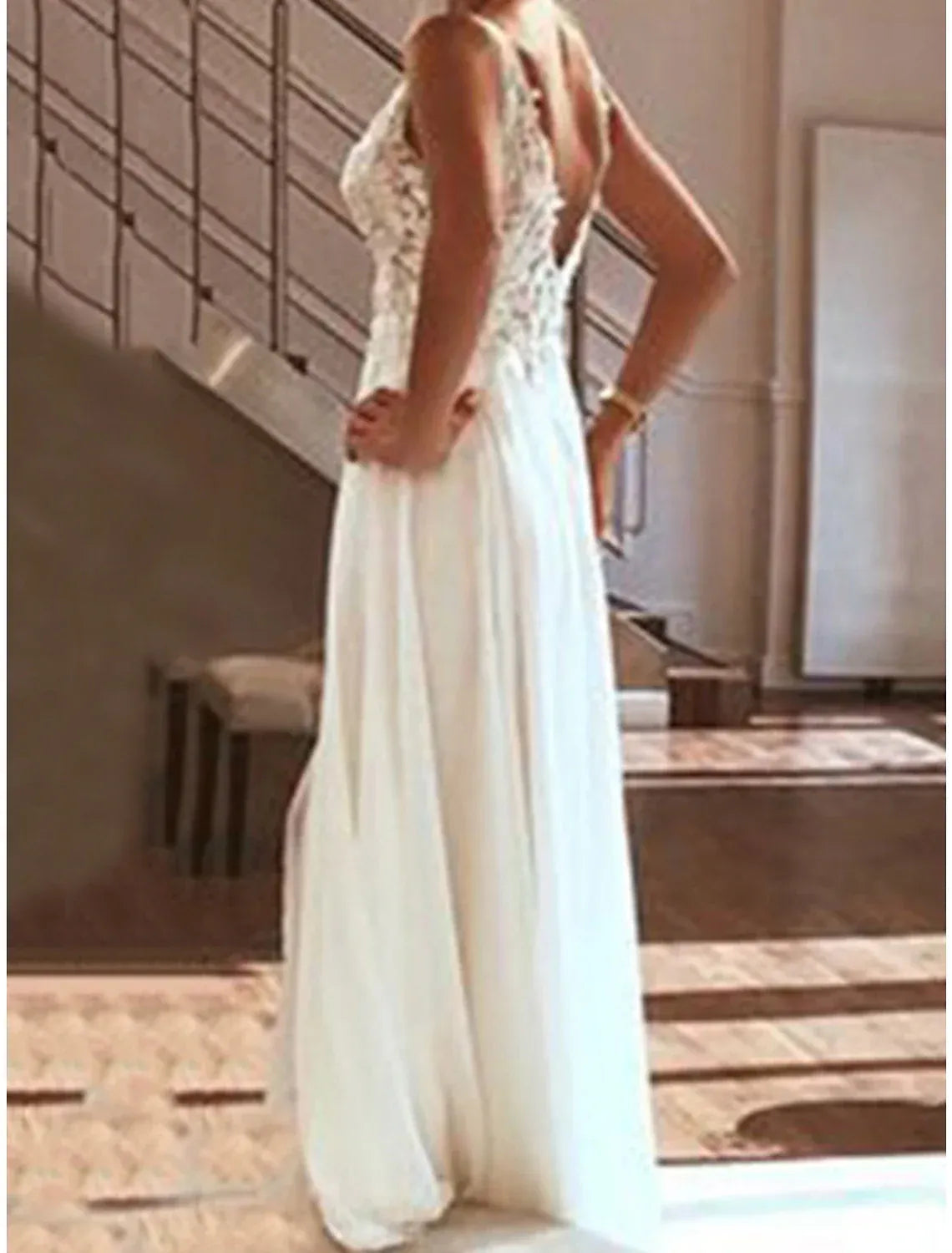 Boho A-Line Spaghetti Strap V-Neck Floral Lace High Slit Chiffon Wedding Dress