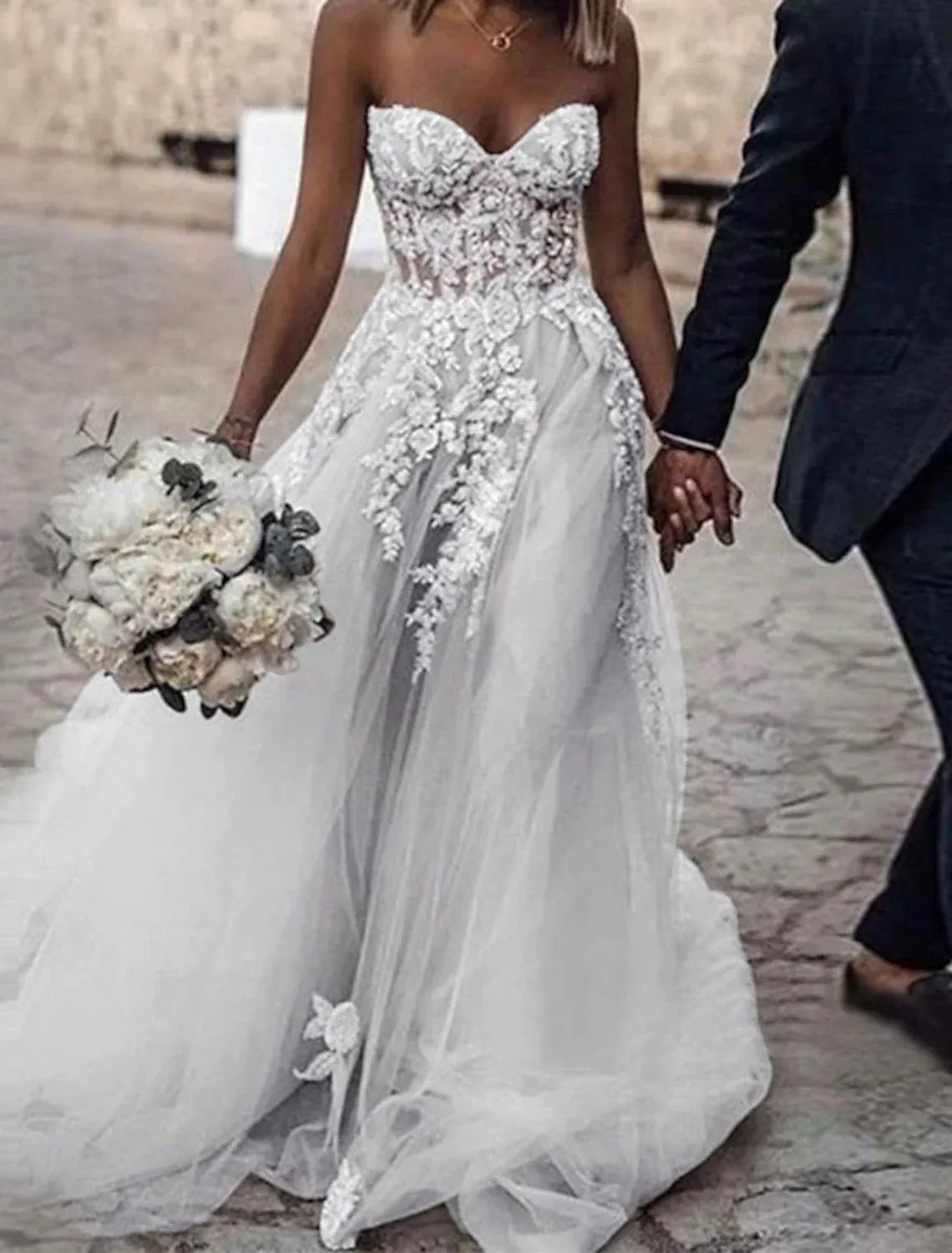 Boho A-Line Sweetheart Sheer Bodice Floral Lace Tulle Train Wedding Dress