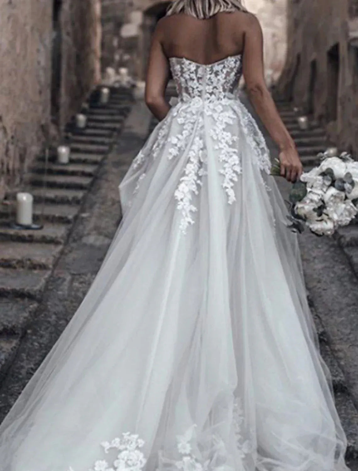 Boho A-Line Sweetheart Sheer Bodice Floral Lace Tulle Train Wedding Dress