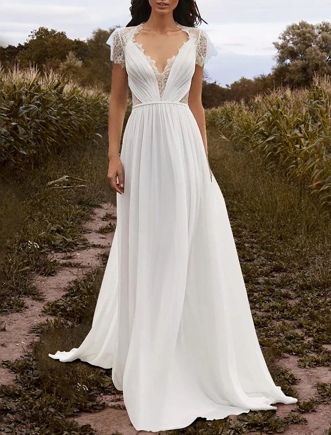 Boho A-Line V Neck Lace Cap Sleeve Sheer Pearl Back Train Wedding Dress