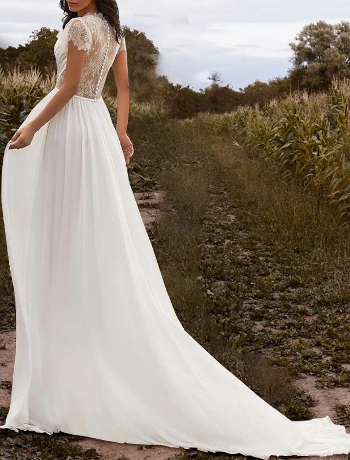 Boho A-Line V Neck Lace Cap Sleeve Sheer Pearl Back Train Wedding Dress