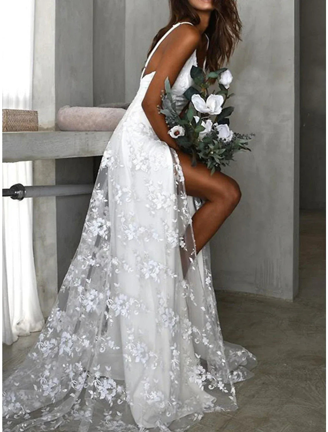 Boho A‑Line V‑Neck Spaghetti‑Strap Low‑Back Floral‑Lace High‑Slit Floor‑Length Wedding Dresses For Rustic Outdoor Wedding