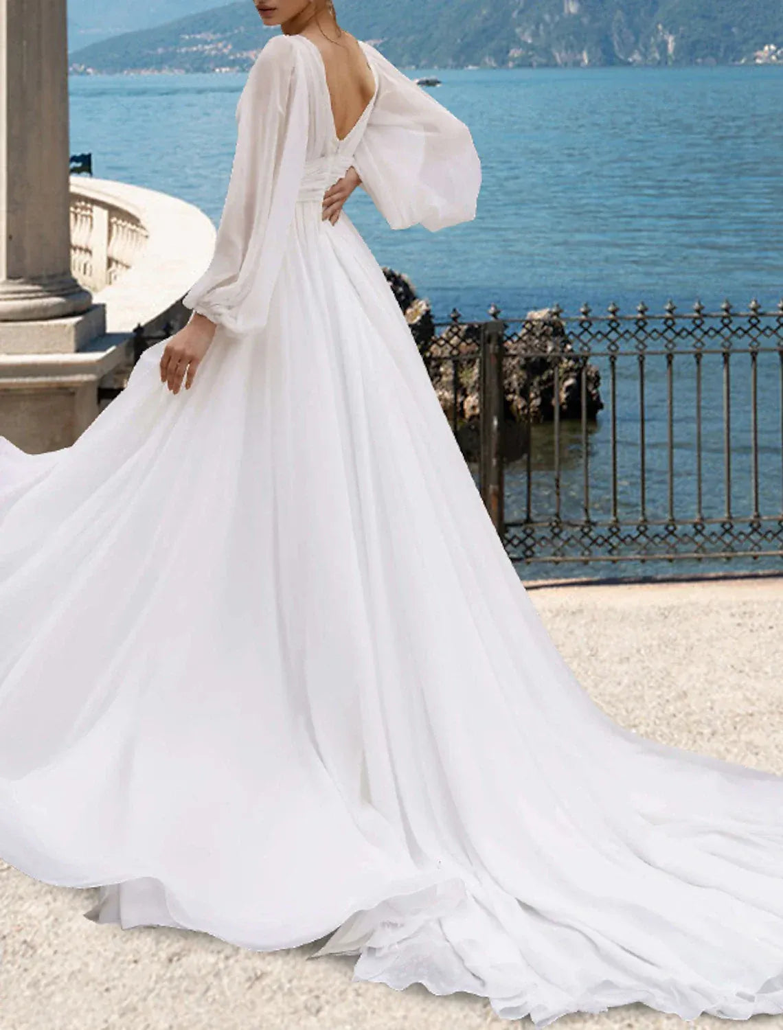 Boho A-Line V Puff Long Sleeve High Slit Chiffon Train Wedding Dress