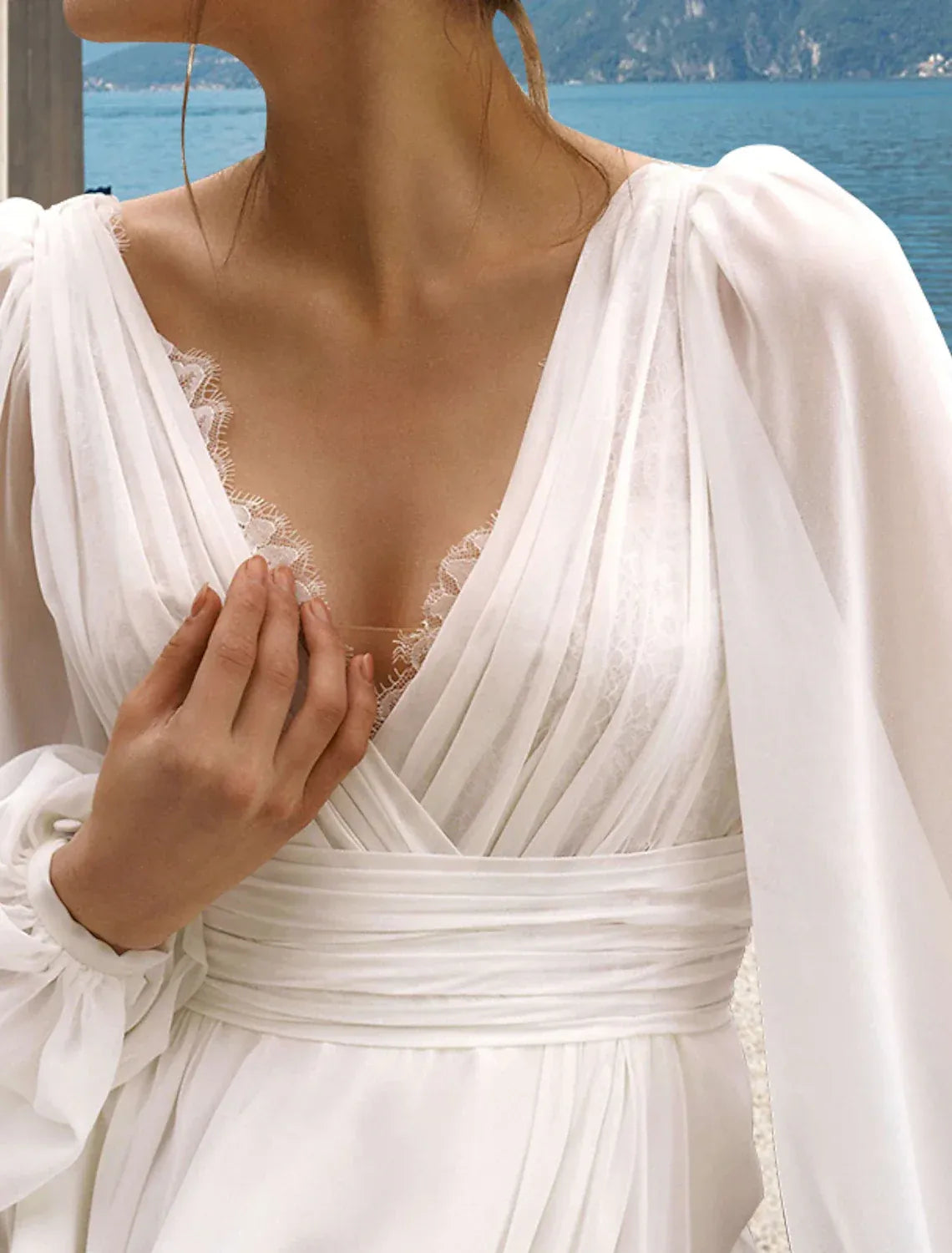 Boho A-Line V Puff Long Sleeve High Slit Chiffon Train Wedding Dress