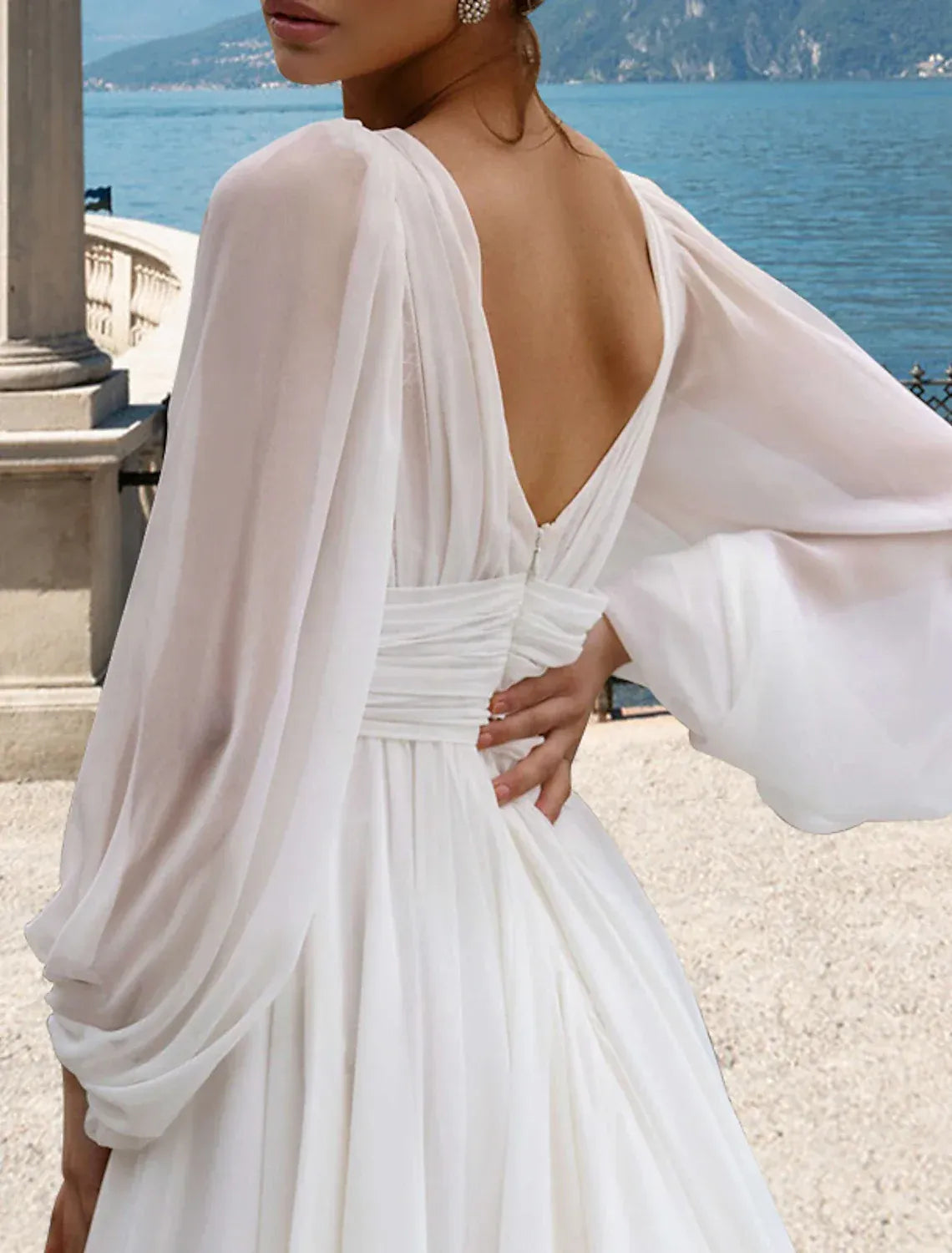 Boho A-Line V Puff Long Sleeve High Slit Chiffon Train Wedding Dress