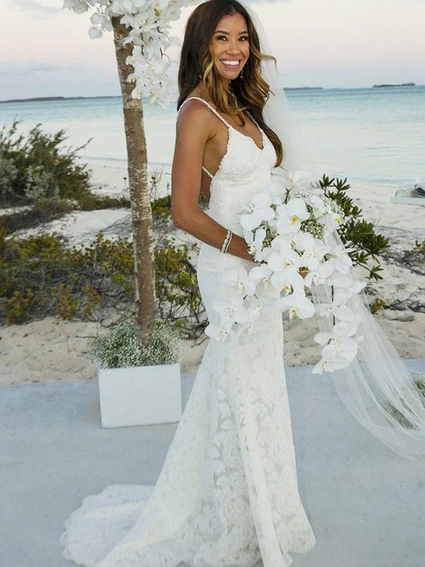 Boho‑Coastal Mermaid V‑Neck Spaghetti‑Strap Sheer‑Back Full‑Lace Floor‑Length Wedding Dresses For Beach Elopement