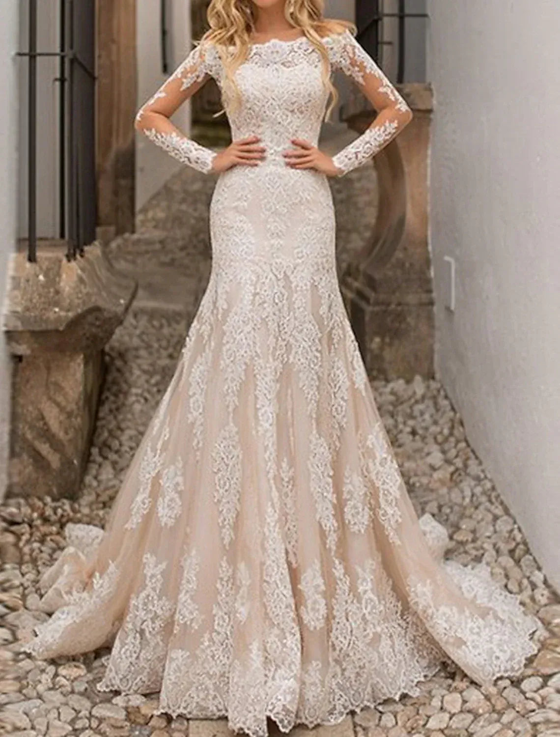 Boho Mermaid Off Shoulder Long Lace Sleeve Champagne Lining Train Wedding Dress