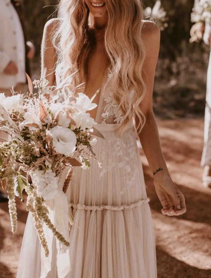 Boho Tiered A-Line Deep-V Sleeveless Sheer-Back Floor-Length Wedding Dresses For Rustic Wedding