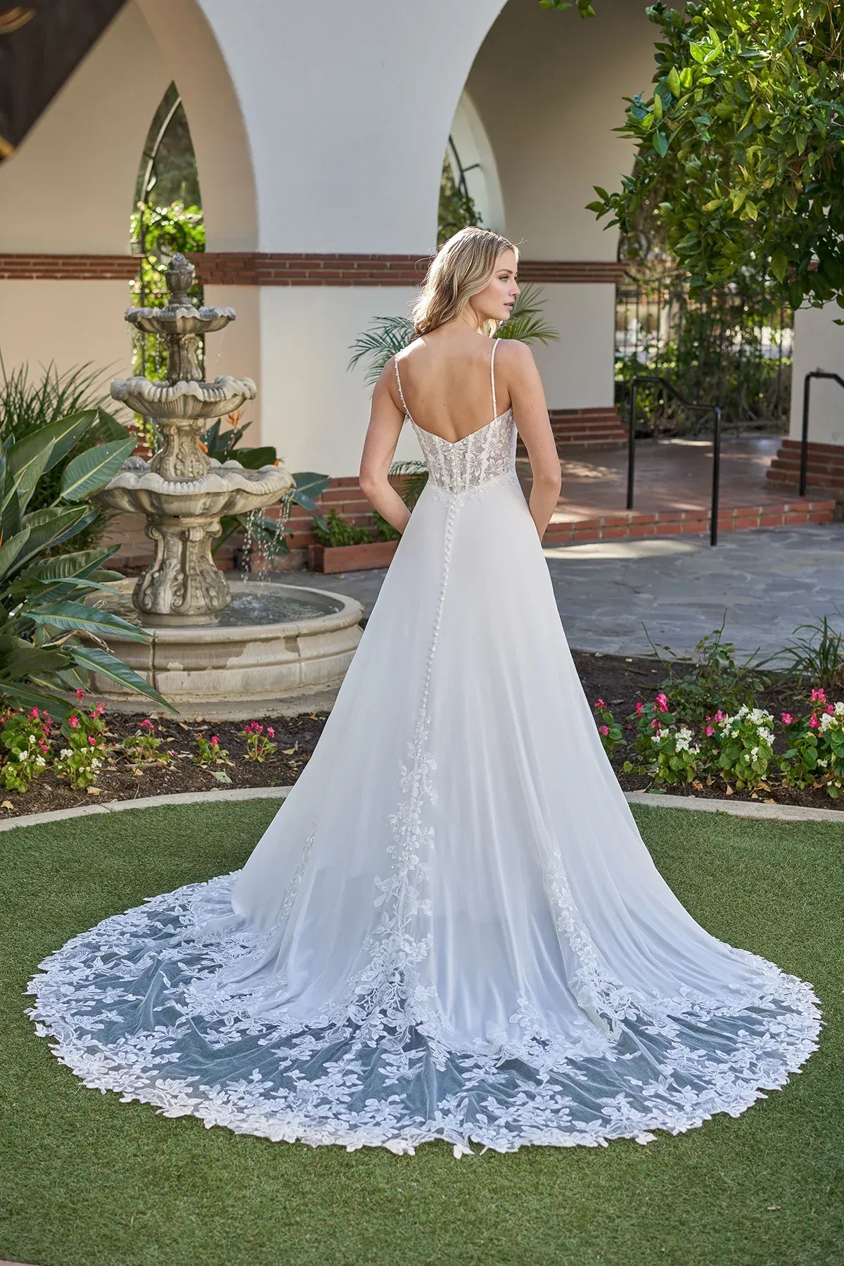 Boho Spaghetti Strap Deep V A‑Line Lace Low Back Chiffon Garden Wedding Dress