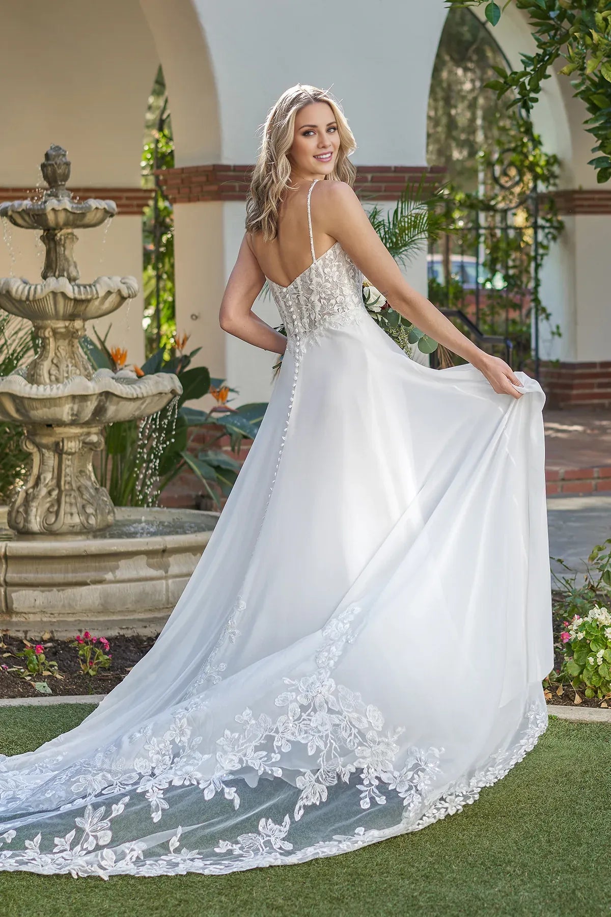 Boho Spaghetti Strap Deep V A‑Line Lace Low Back Chiffon Garden Wedding Dress
