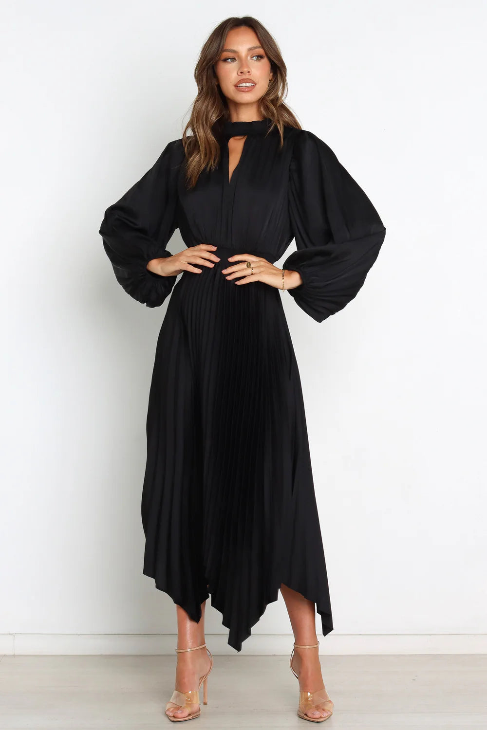 Bold Midi Keyhole Neckline Pleated Balloon-Sleeve Wedding Guest Dress