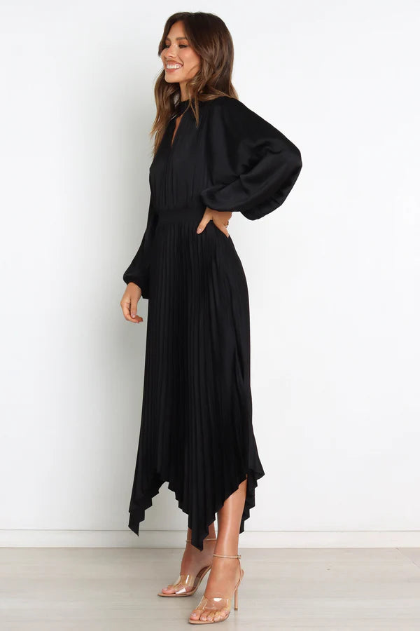 Bold Midi Keyhole Neckline Pleated Balloon-Sleeve Wedding Guest Dress