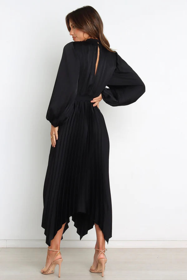 Bold Midi Keyhole Neckline Pleated Balloon-Sleeve Wedding Guest Dress