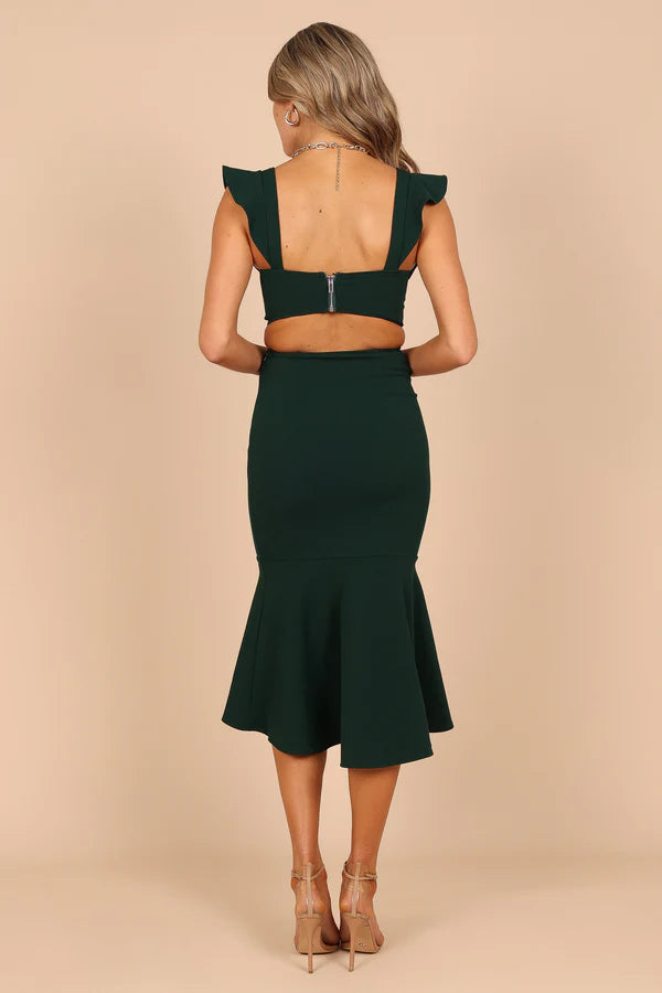 Bold Midi Square-Neck Ruffle-Strap Cutout Mermaid Wedding Guest Dress