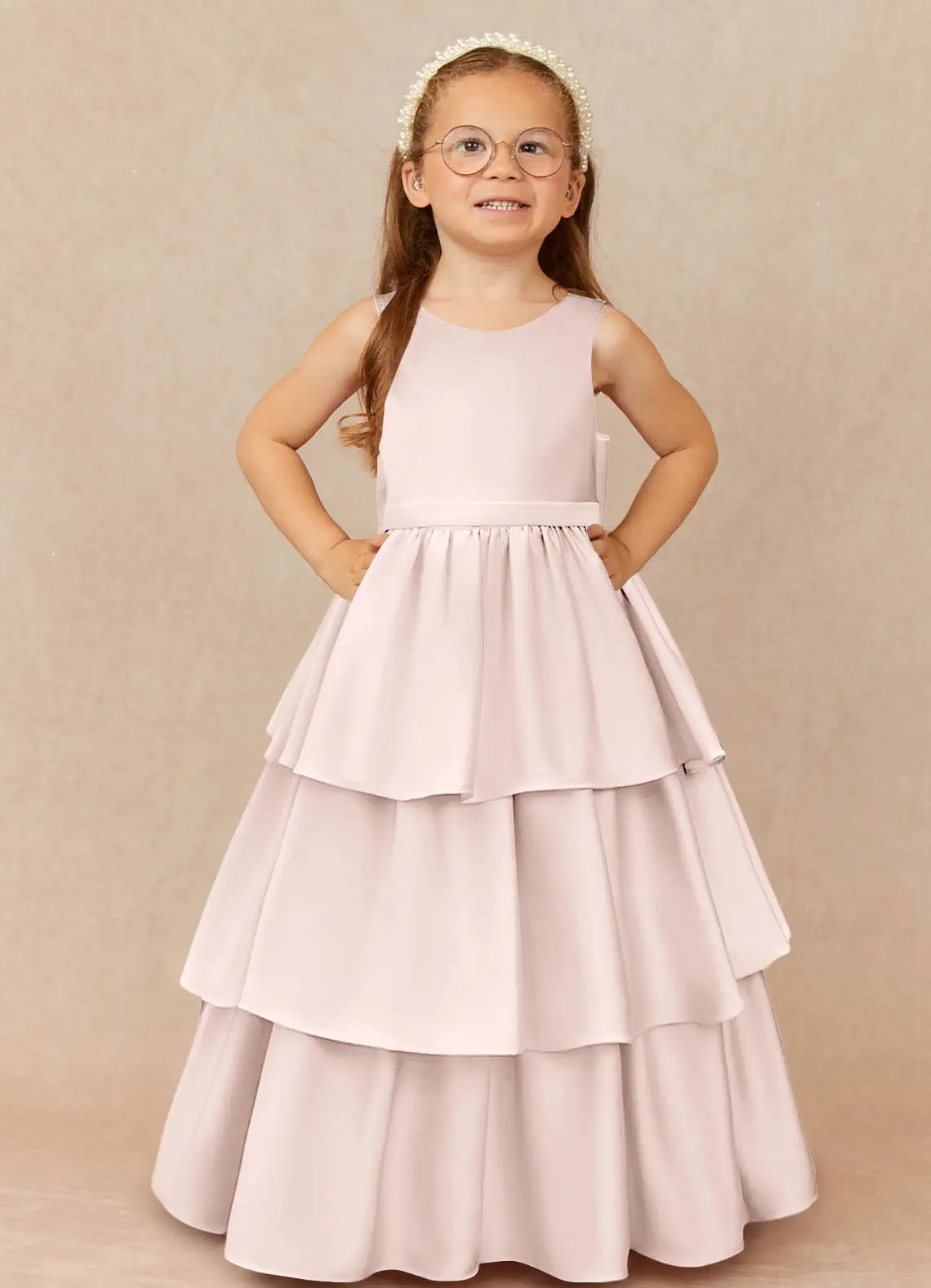 Bow A-Line Round Neck Sleeveless V-Back Floor-Length Formal Flower Girl Dress