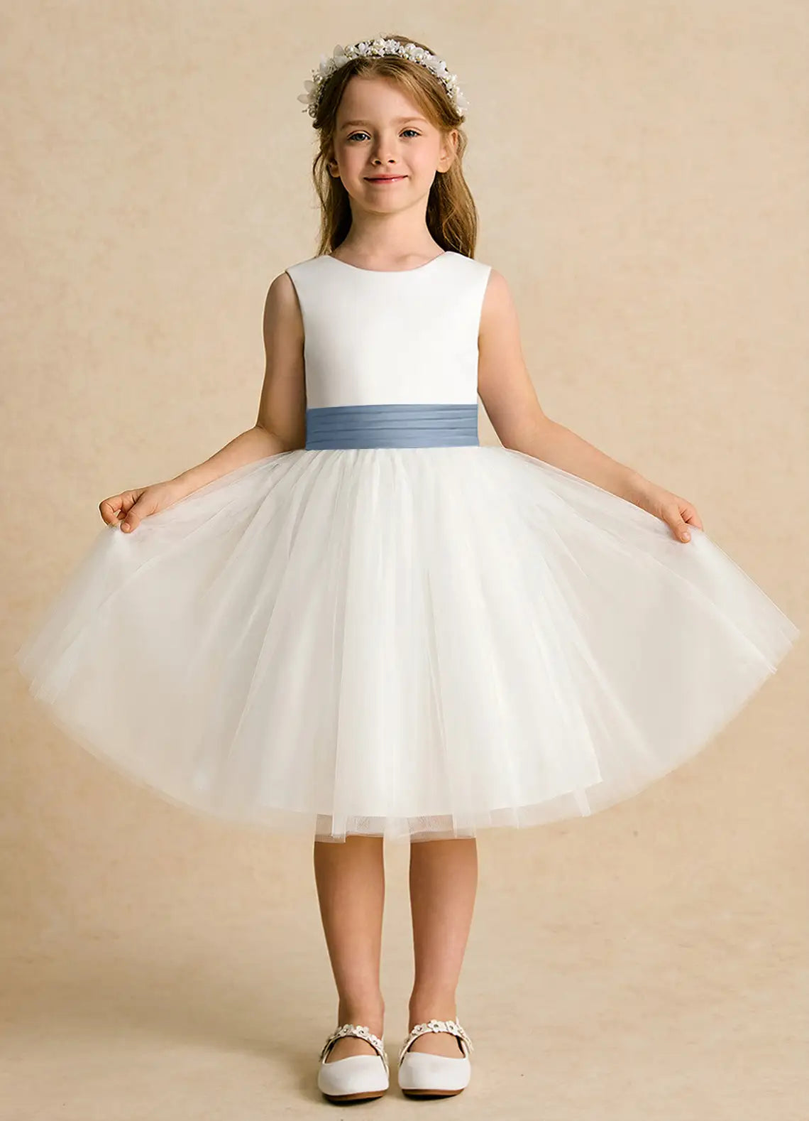 Bow A-Line Round Neck Sleeveless V-Back Knee-Length Formal Flower Girl Dress