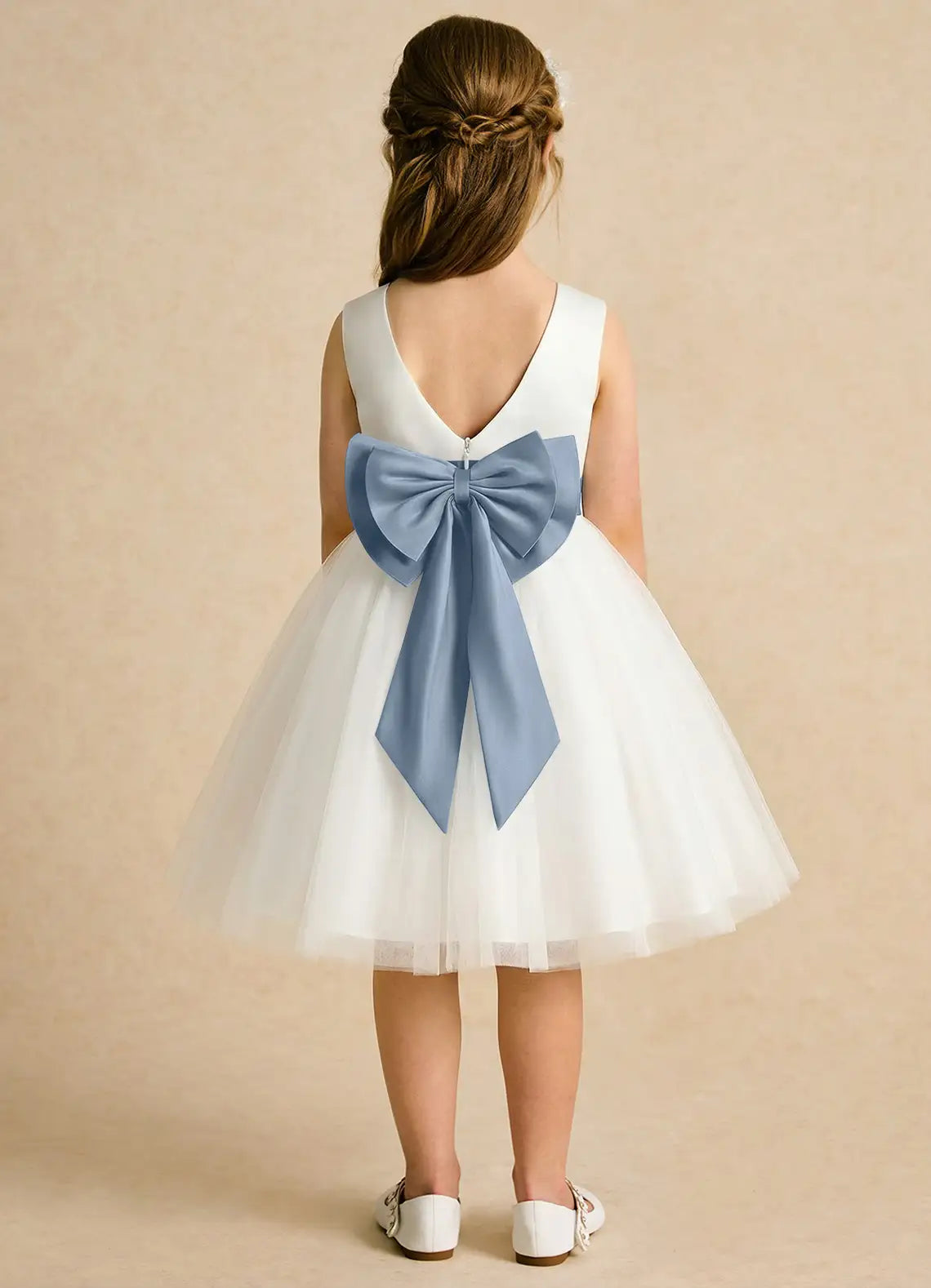 Bow A-Line Round Neck Sleeveless V-Back Knee-Length Formal Flower Girl Dress