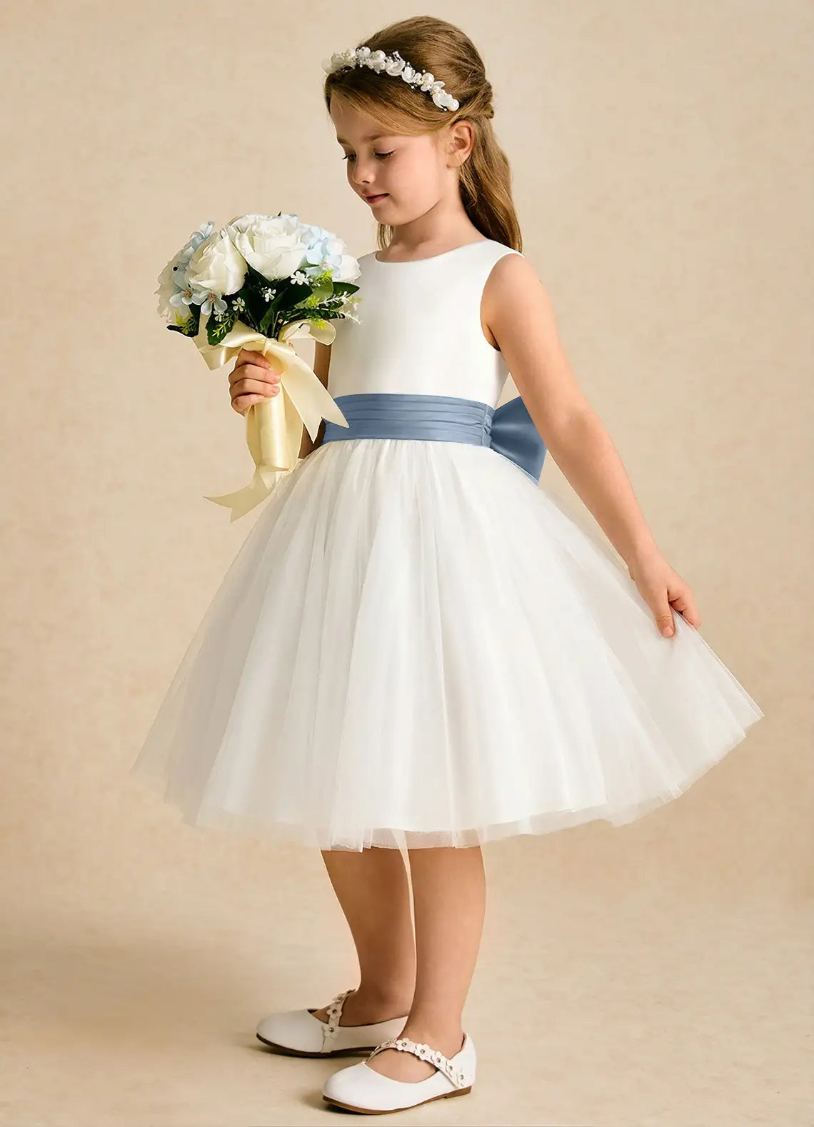 Bow A-Line Round Neck Sleeveless V-Back Knee-Length Formal Flower Girl Dress