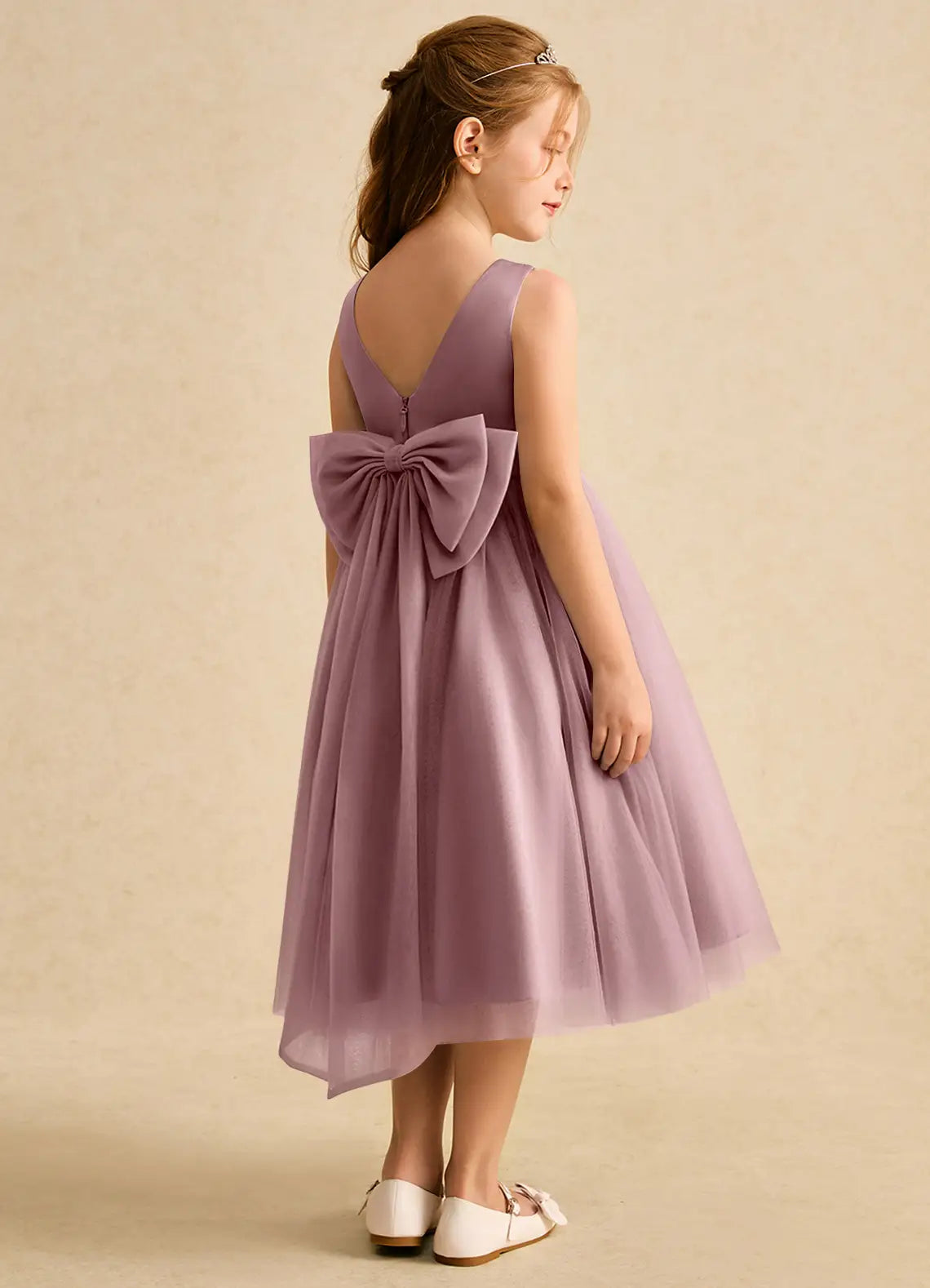 Bow A-Line Round Neck Sleeveless V-Back Midi-Length Formal Flower Girl Dress