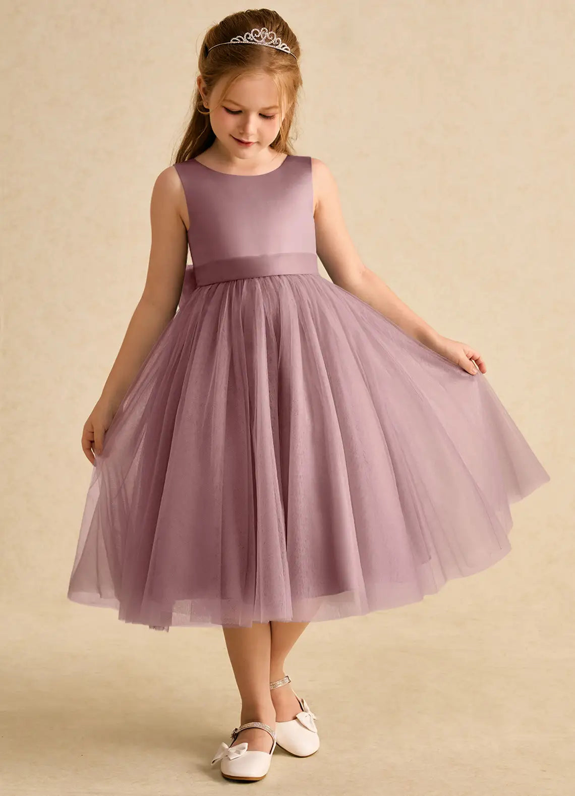 Bow A-Line Round Neck Sleeveless V-Back Midi-Length Formal Flower Girl Dress