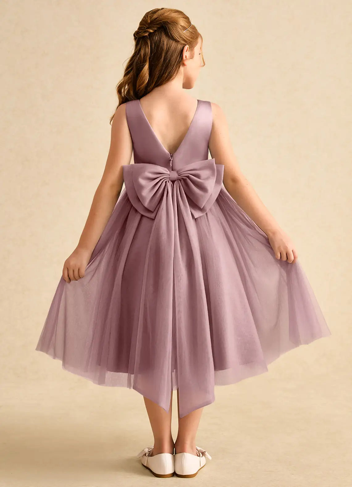Bow A-Line Round Neck Sleeveless V-Back Midi-Length Formal Flower Girl Dress