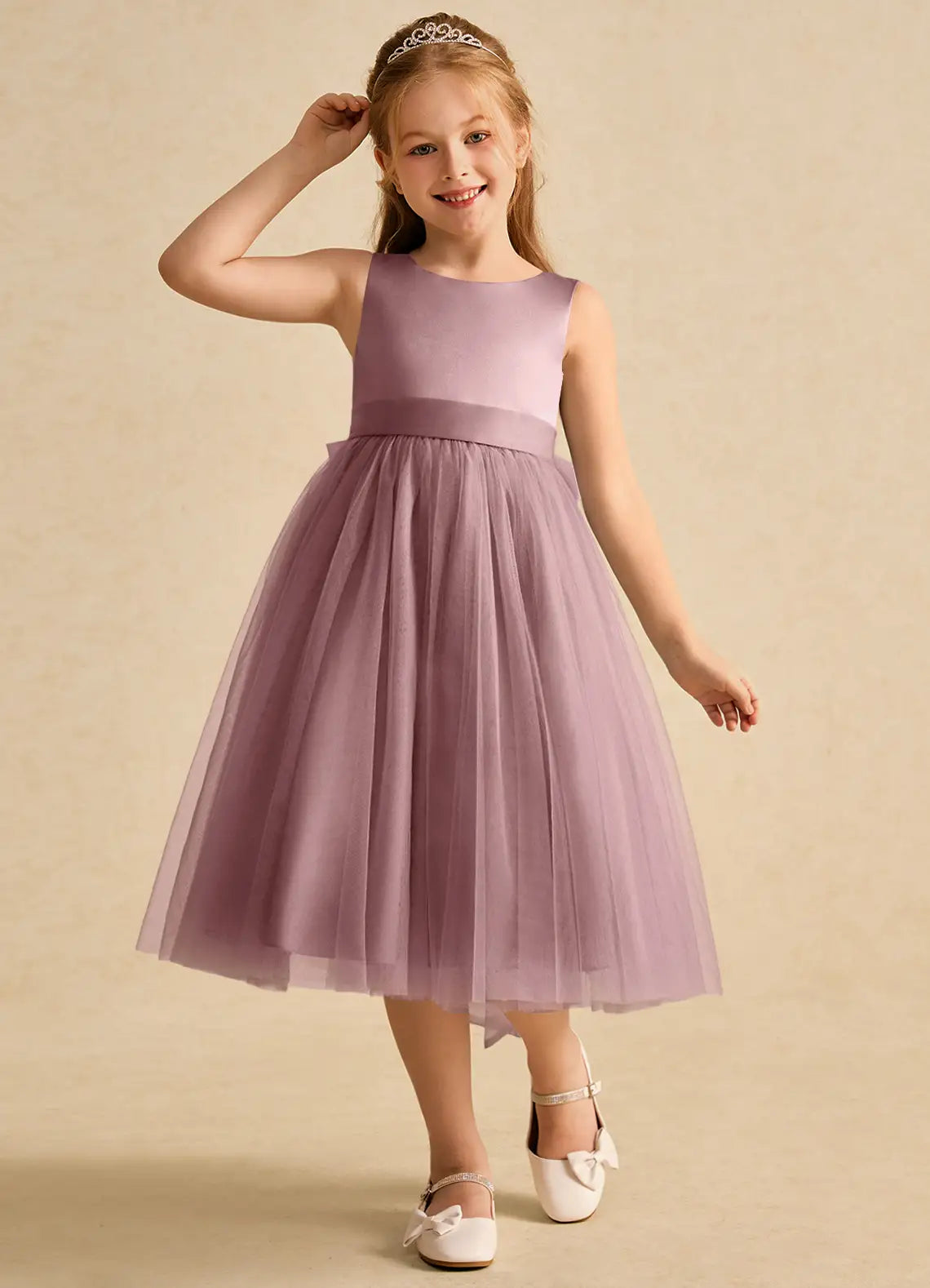 Bow A-Line Round Neck Sleeveless V-Back Midi-Length Formal Flower Girl Dress