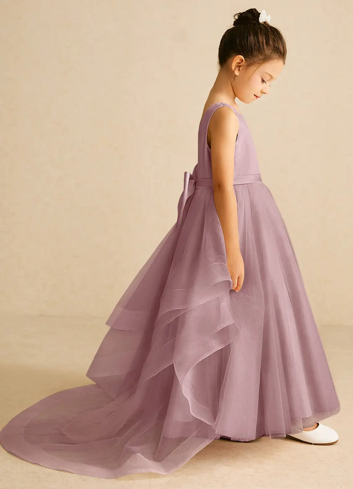 Bow A-Line Round Neck Sleeveless V-Back Train Formal Flower Girl Dress