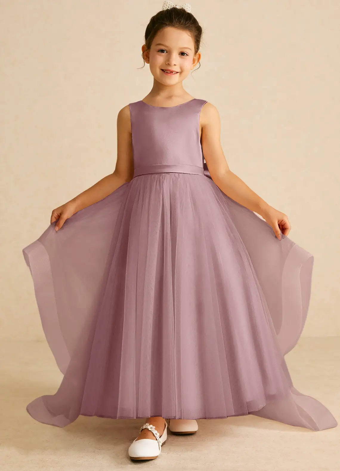 Bow A-Line Round Neck Sleeveless V-Back Train Formal Flower Girl Dress