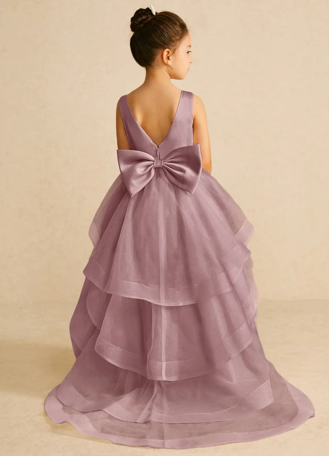 Bow A-Line Round Neck Sleeveless V-Back Train Formal Flower Girl Dress