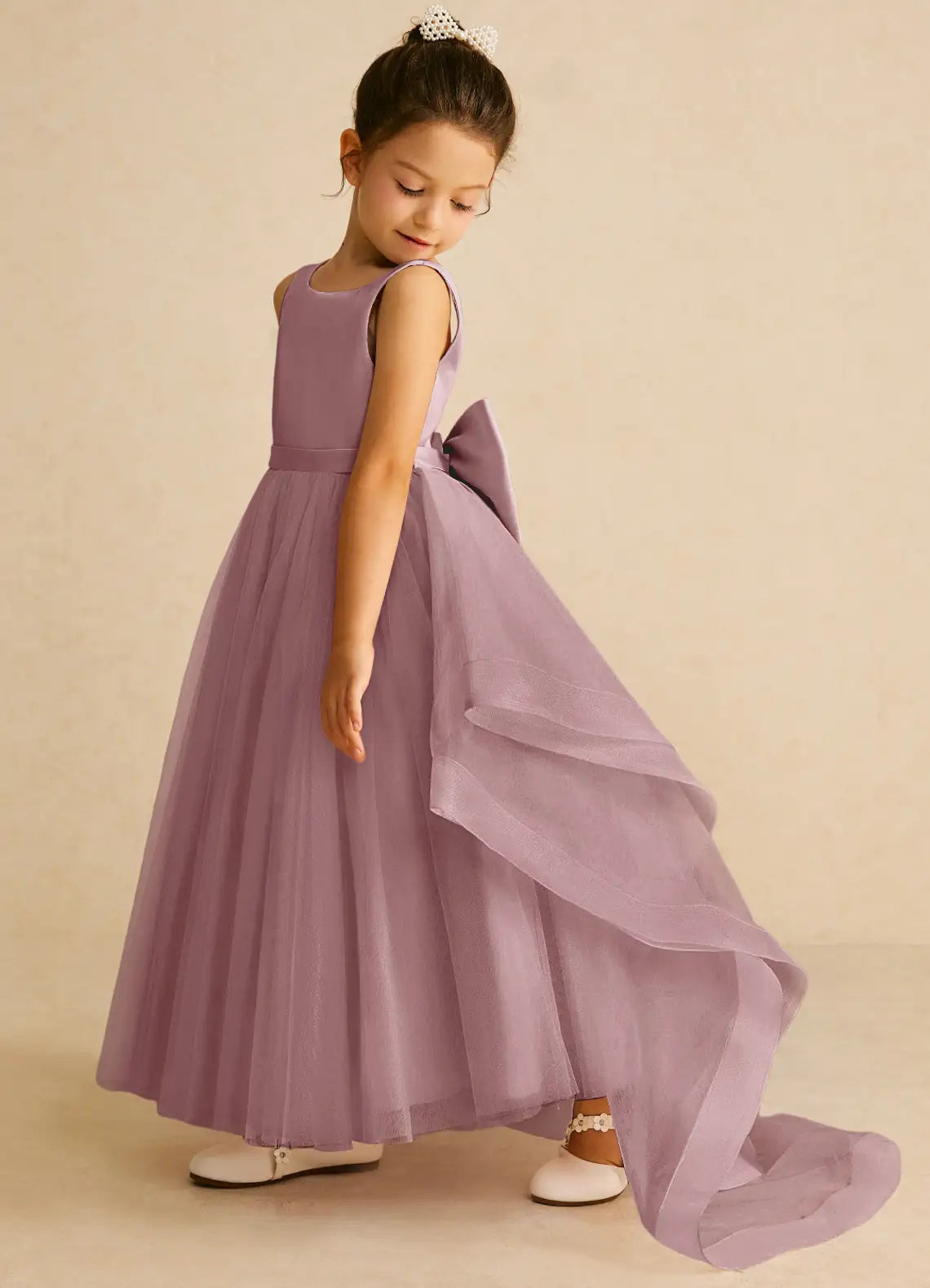 Bow A-Line Round Neck Sleeveless V-Back Train Formal Flower Girl Dress