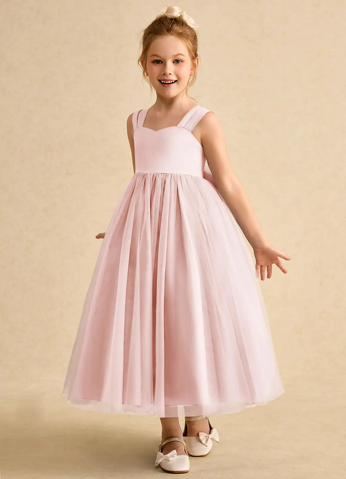 Bow A-Line Sweetheart Neck Cap Sleeves V-Back Tea-Length Formal Flower Girl Dress