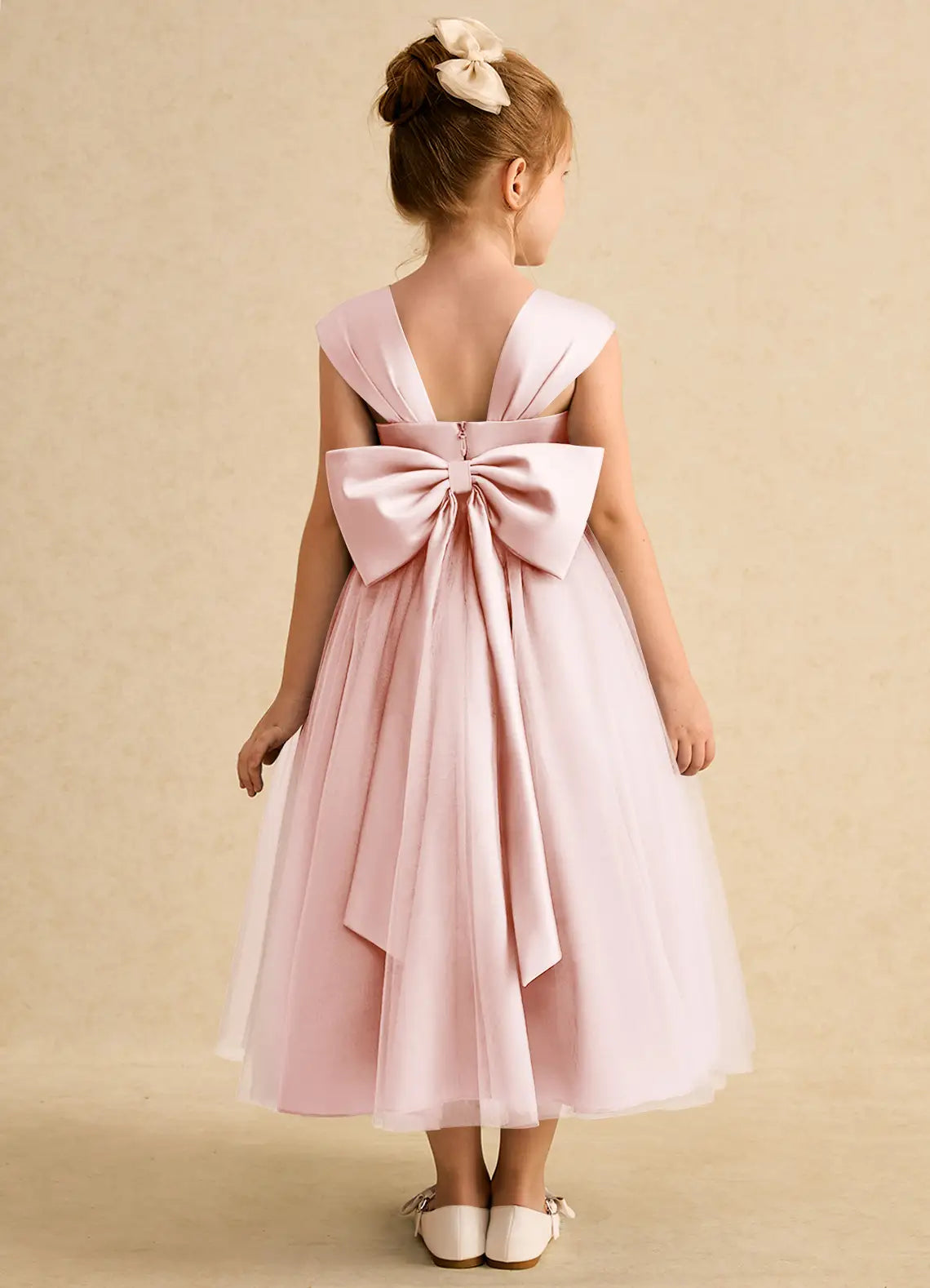 Bow A-Line Sweetheart Neck Cap Sleeves V-Back Tea-Length Formal Flower Girl Dress