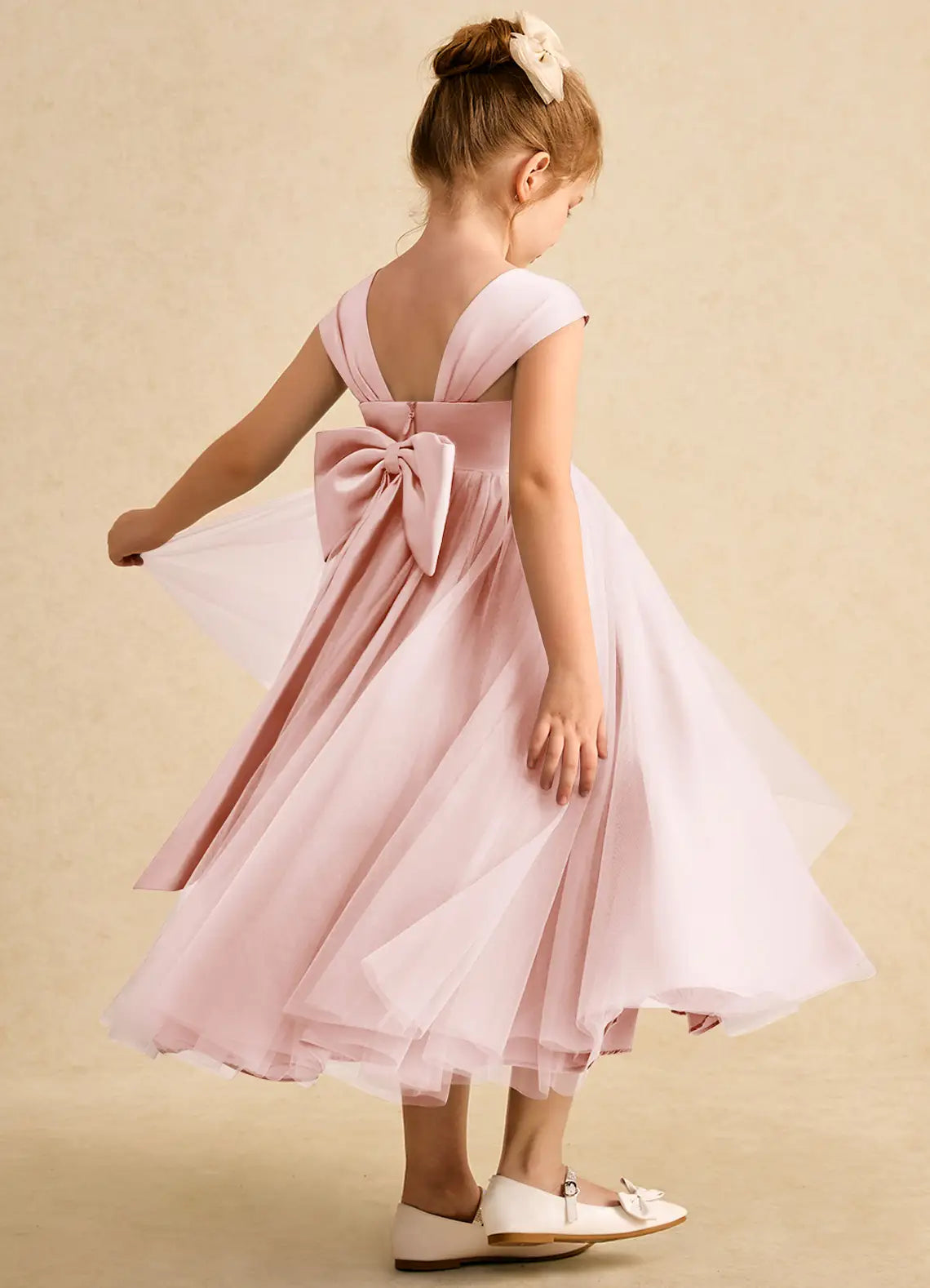 Bow A-Line Sweetheart Neck Cap Sleeves V-Back Tea-Length Formal Flower Girl Dress